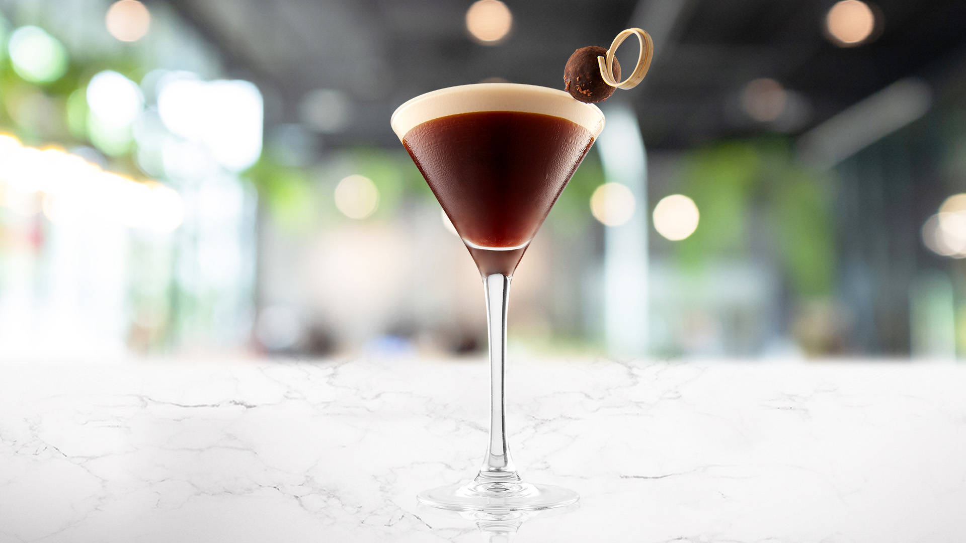 Chocolate Praline Espresso Martini on a marble counter