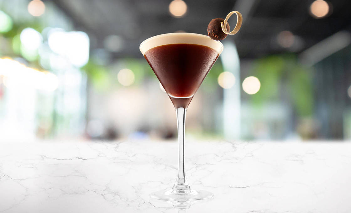 Chocolate Praline Espresso Martini on a marble counter