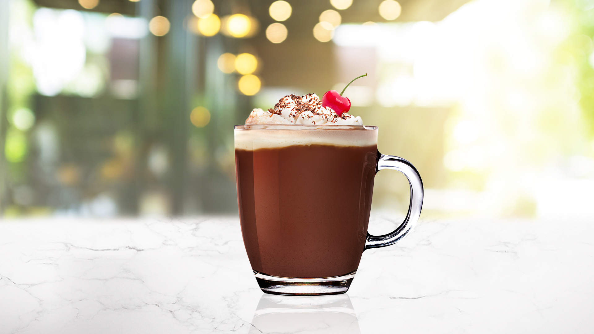 Glass of Mocha Cherry on a marble surface