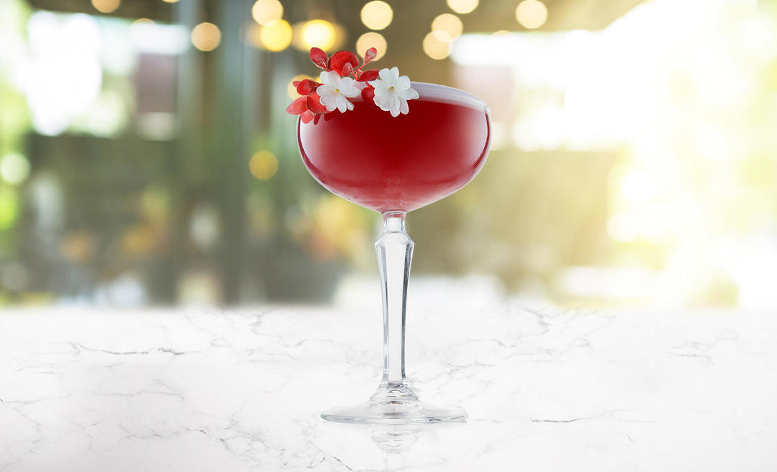 A glass of pink grapefruit and lychee martini on a transparent background